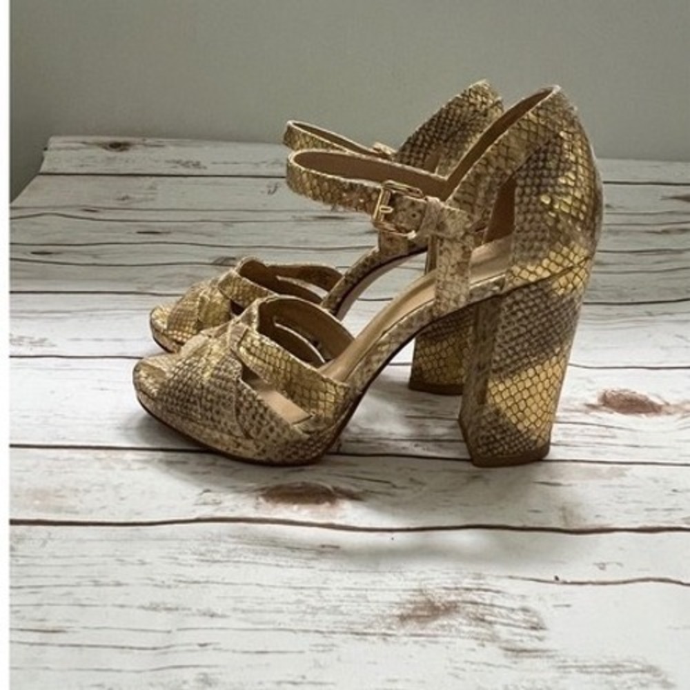 Michael Kors Platform Sandals Gold Snake Embossed Block Heel 8M